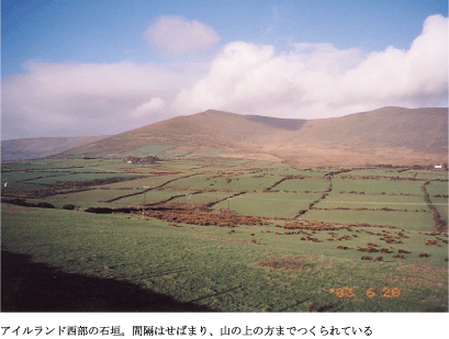アイルランド西部の石垣。間隔はせばまり、山の上の方までつくられている